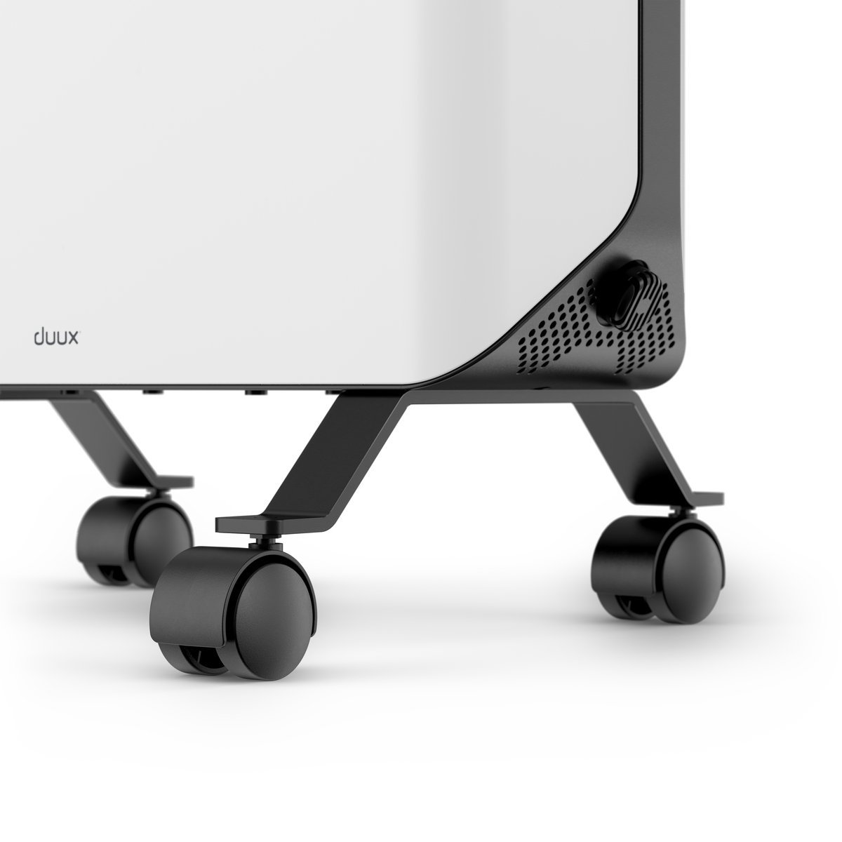Electric panel heater castor wheel detail on white