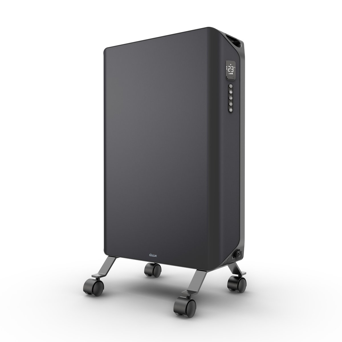 Black electric panel heater, three-quarter view
