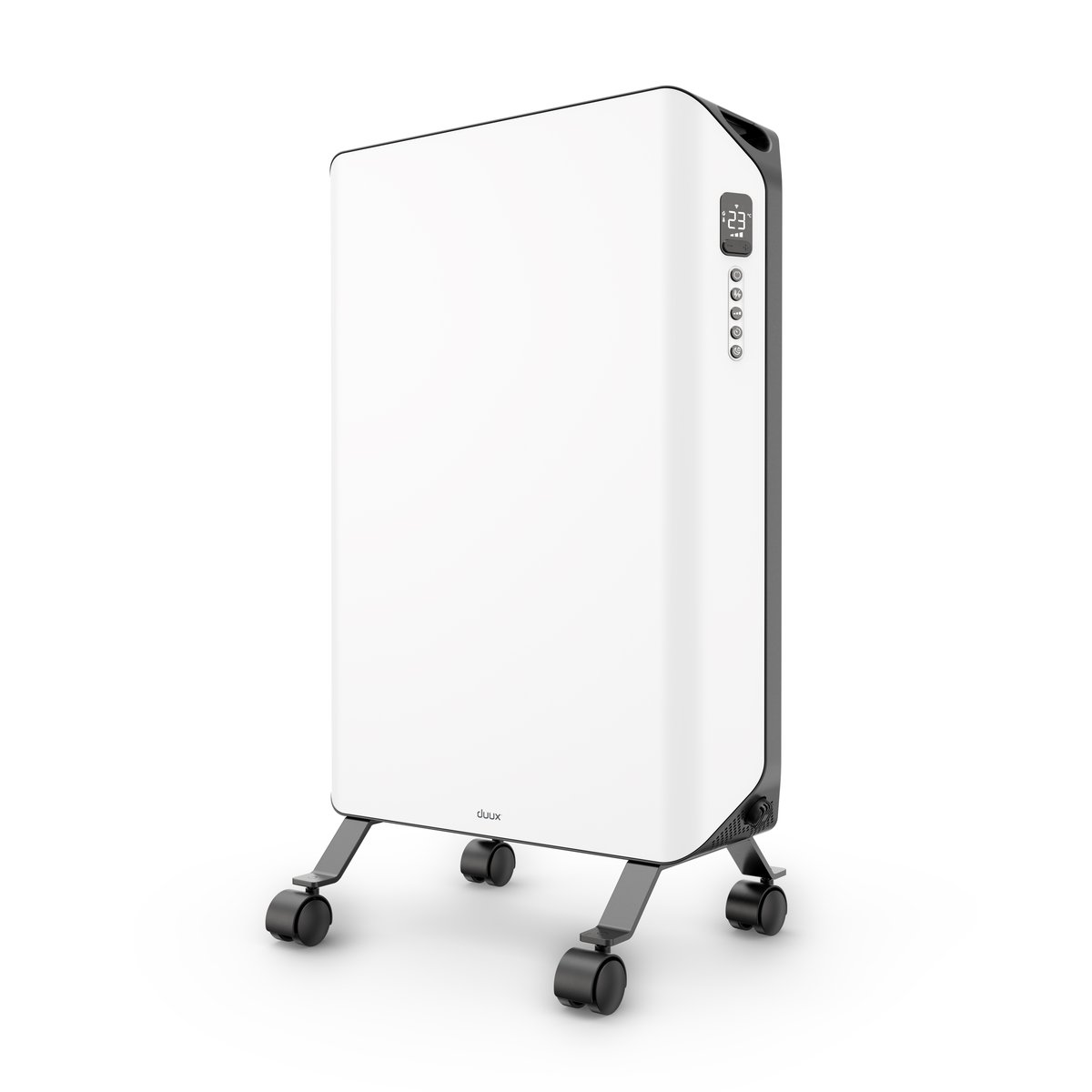 Electric panel heater, three-quarter view on white